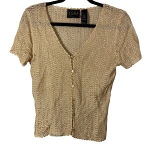 Axcess Womens Tan Shimmer Short Sleeve Button Up Top Boho Cottagecore V-neck Sm